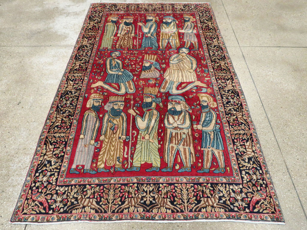 Vintage Persian Kerman Pictorial Accent Rug, No.27792 - Gsblank