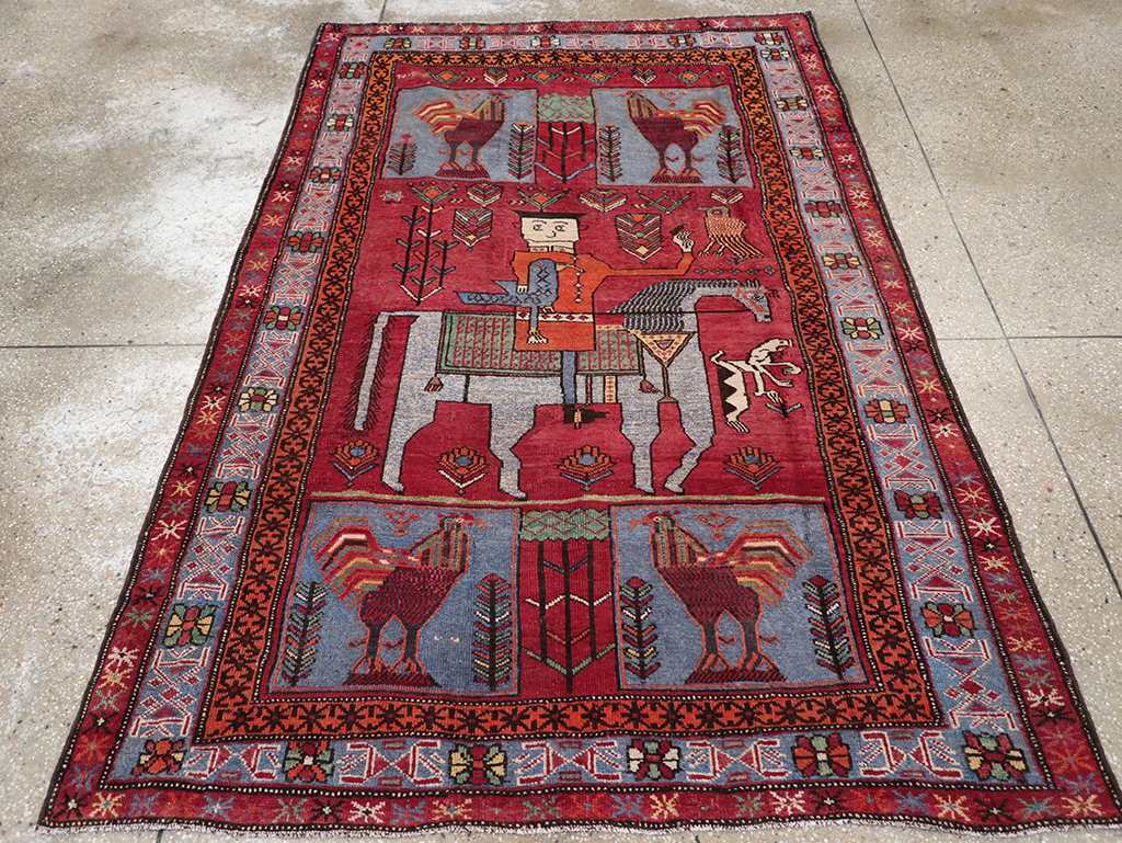 Vintage Caucasian Karabagh Pictorial Accent Rug, No.27793 - Gsblank