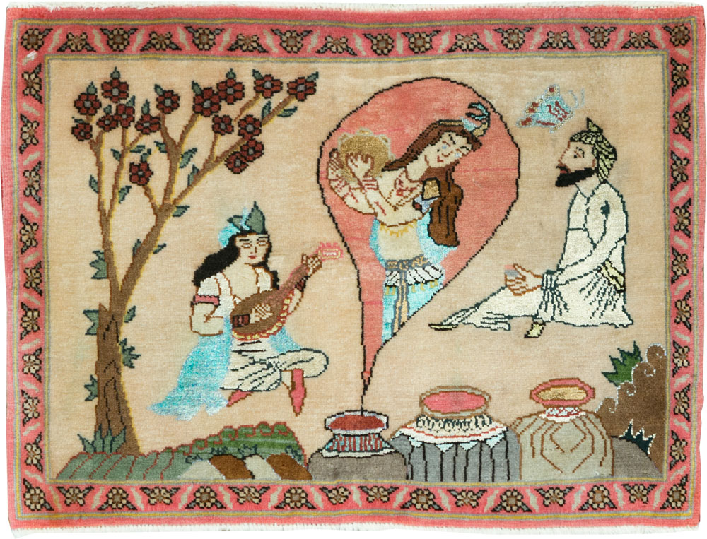 Vintage Persian Quom Pictorial Rug, No.27808 - Gsblank