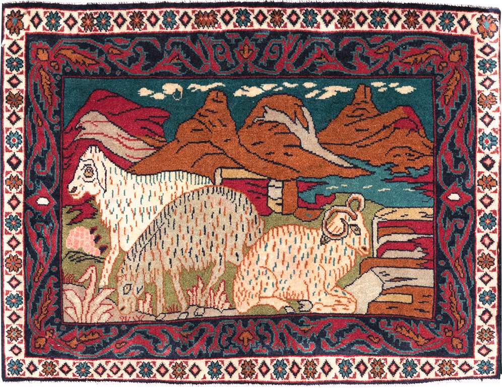 Vintage Persian Sarouk Pictorial Throw Rug (Pair: 1 of 2), No.27994 - Gsblank