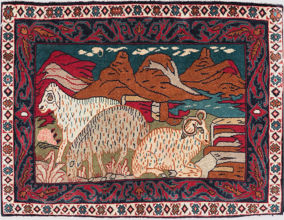 Vintage Persian Sarouk Pictorial Throw Rug (Pair: 1 of 2), No.27994 - Gsblank