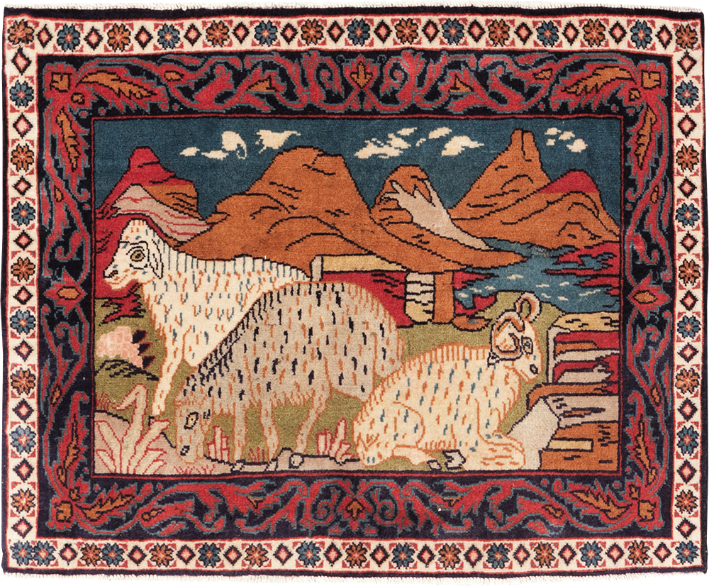 Vintage Persian Sarouk Pictorial Throw Rug (Pair: 2 of 2), No.27995 - Gsblank