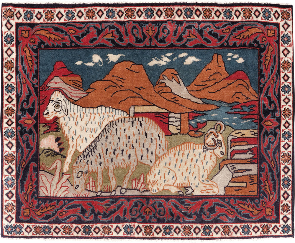 Vintage Persian Sarouk Pictorial Throw Rug (Pair: 2 of 2), No.27995 - Gsblank