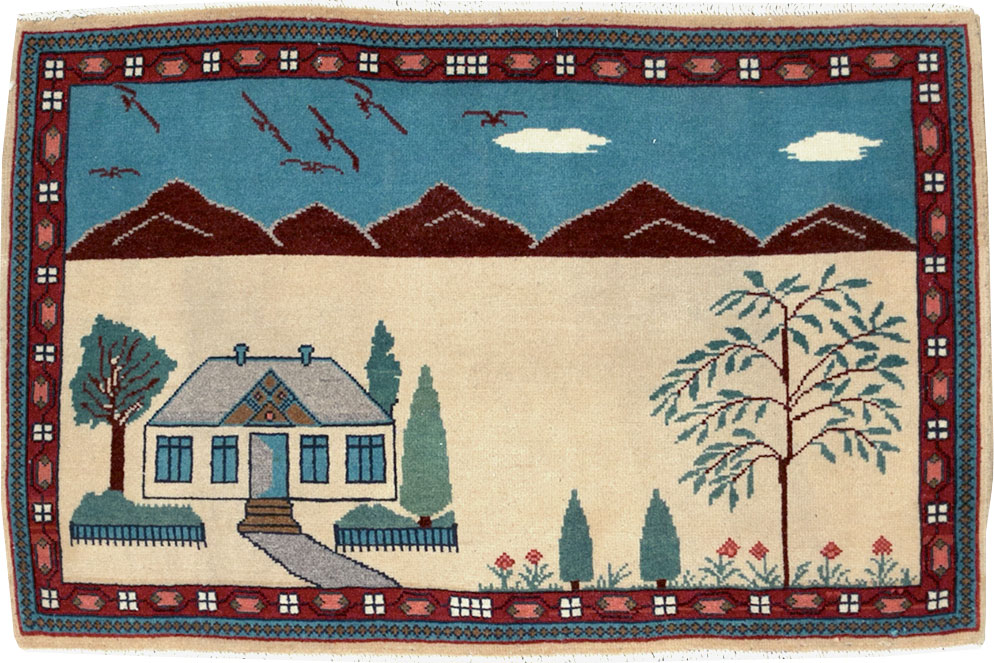 Vintage Persian Kashan Pictorial Rug (Pair: 1 of 2), No.28061 - Gsblank