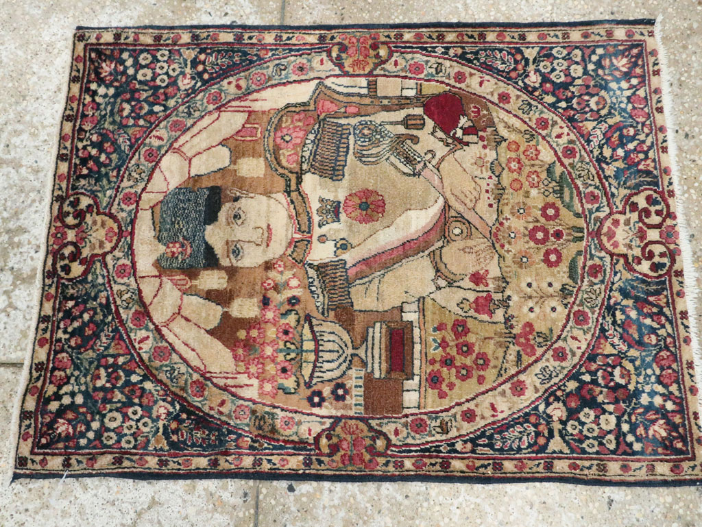Antique Persian Lavar Kerman Pictorial Rug, No.28243 - Gsblank