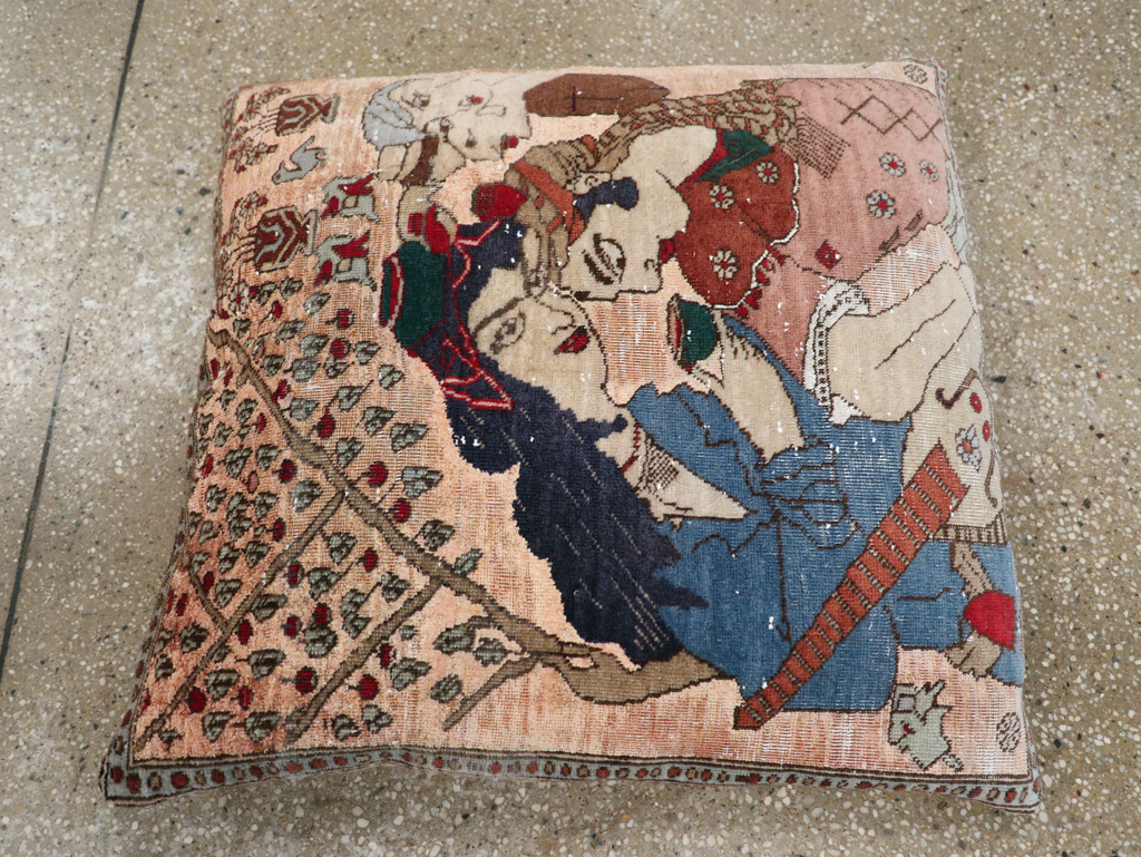 Antique Persian Tabriz Pictorial Pillow, No.28265 - Gsblank