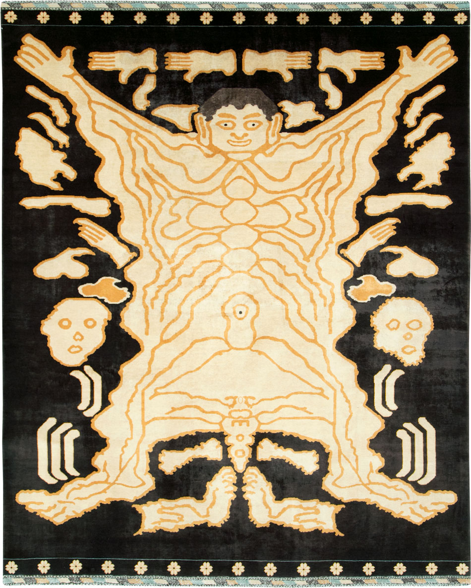 Tibetan Inspired Modern Buddhist Tantric Skeleton Ritual Rug, No.28350 - Gsblank