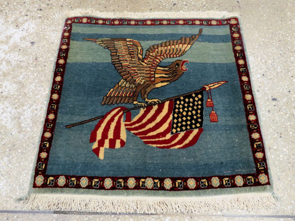 Antique Persian Kashan Flag Pictorial Rug, No.28460 - Gsblank