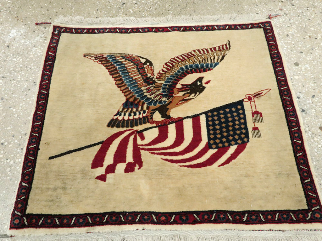 Antique Persian Kashan Flag Pictorial Rug, No.28461 - Gsblank