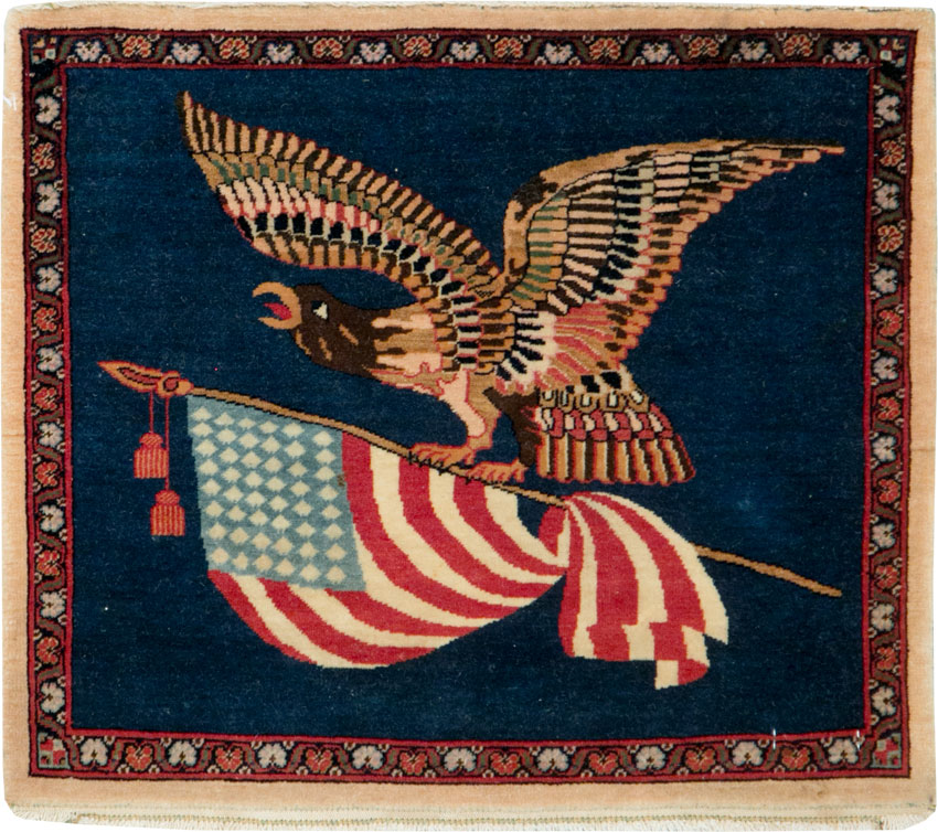 Vintage Persian Kashan Flag Pictorial Rug, No.28467 - Gsblank
