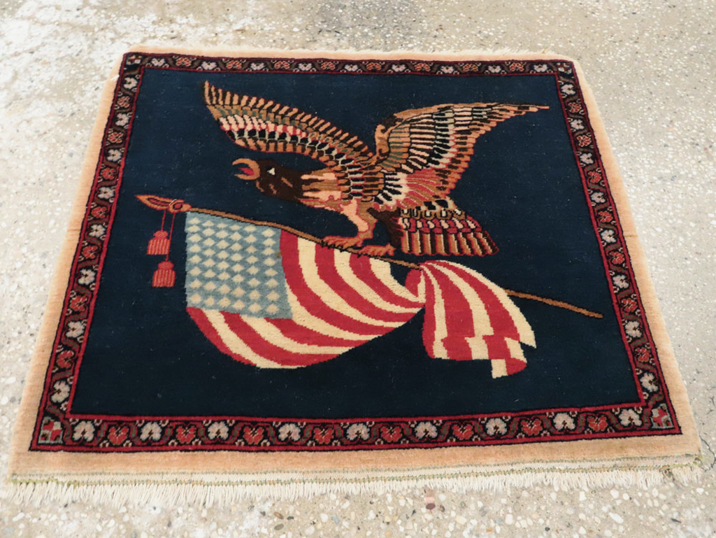 Vintage Persian Kashan Flag Pictorial Rug, No.28467 - Gsblank