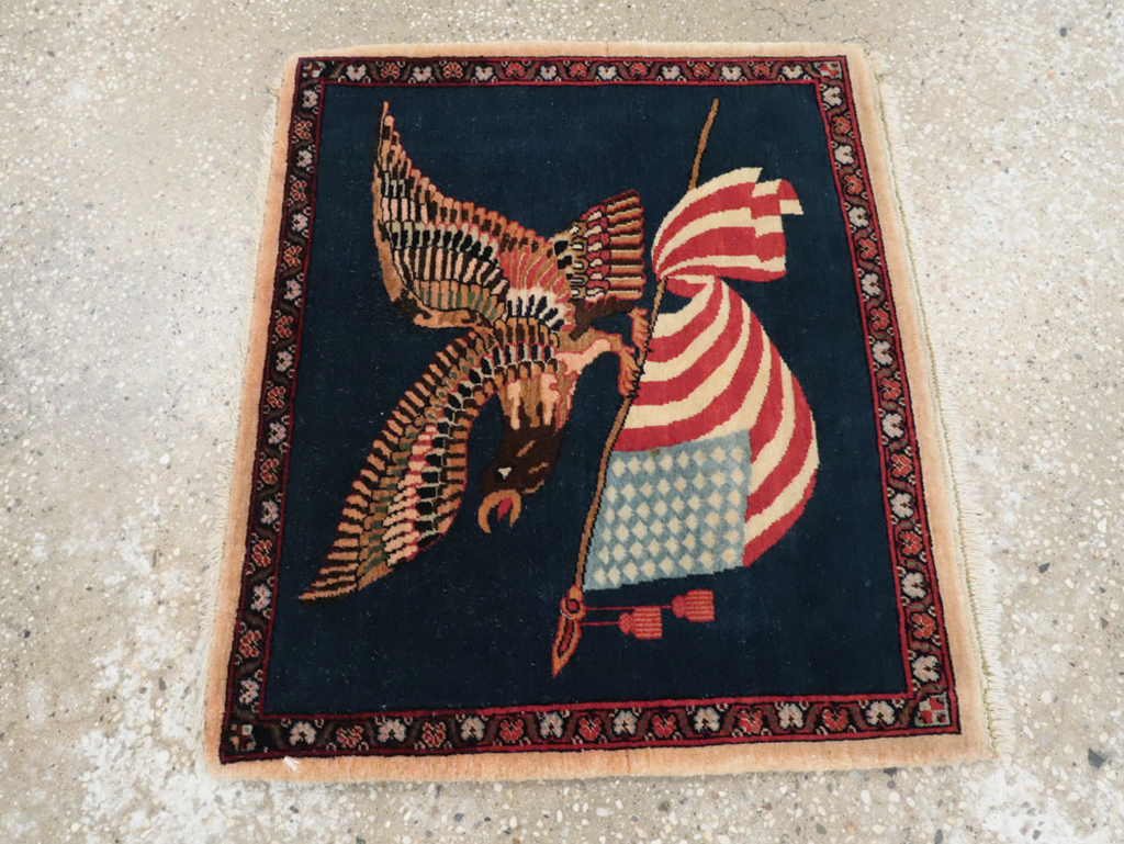 Vintage Persian Kashan Flag Pictorial Rug, No.28467 - Gsblank