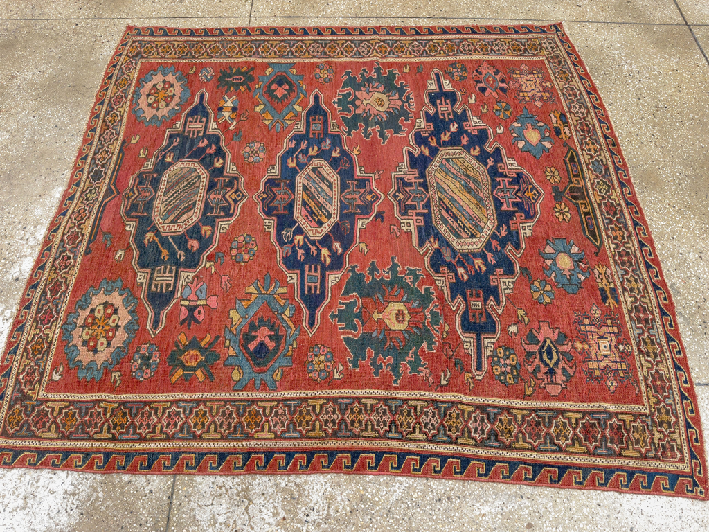 Antique Russian Soumak Square Throw Rug, No.28893 - Gsblank