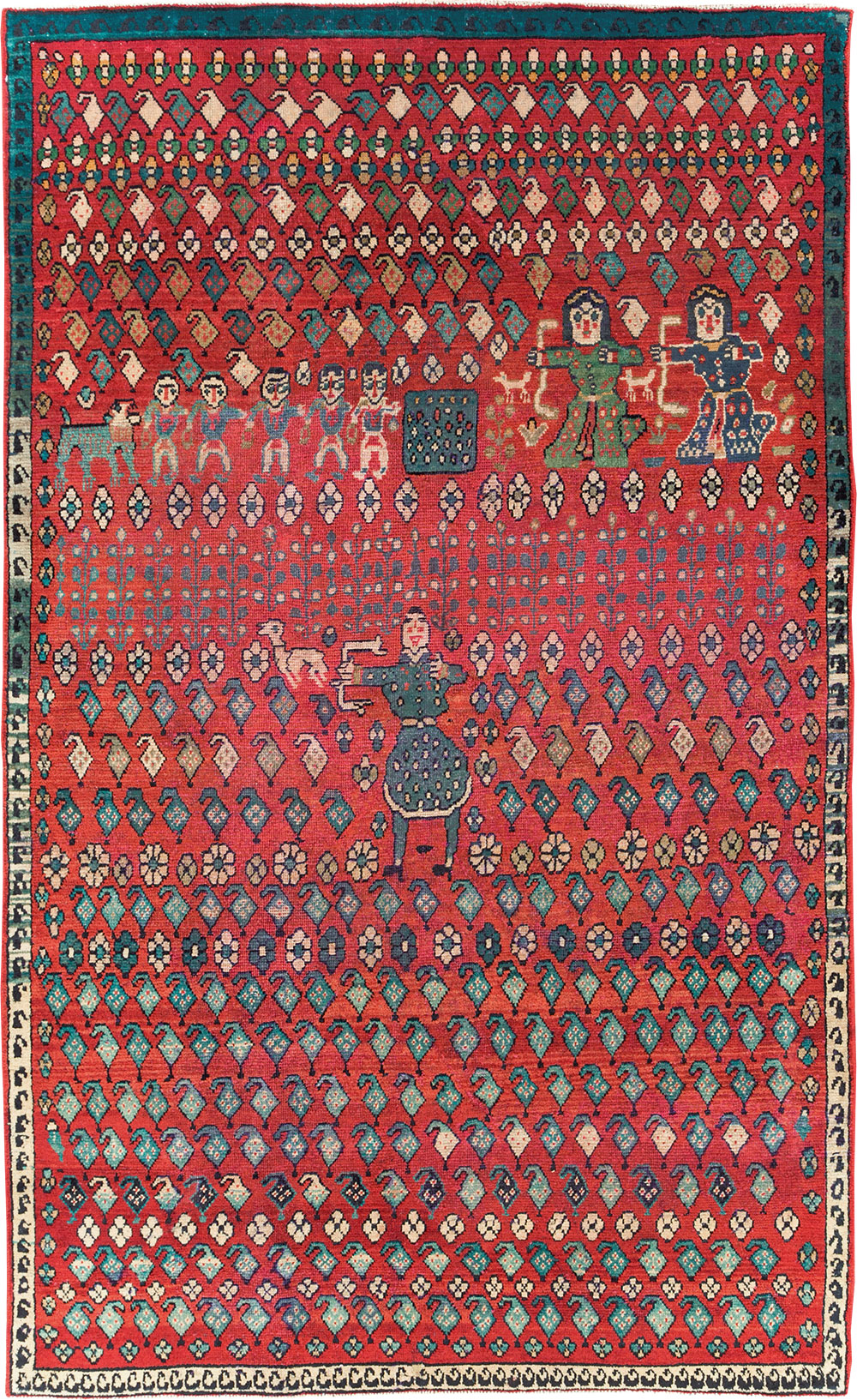 Vintage Persian Hamadan Pictorial Accent Carpet, No.28930 - Gsblank
