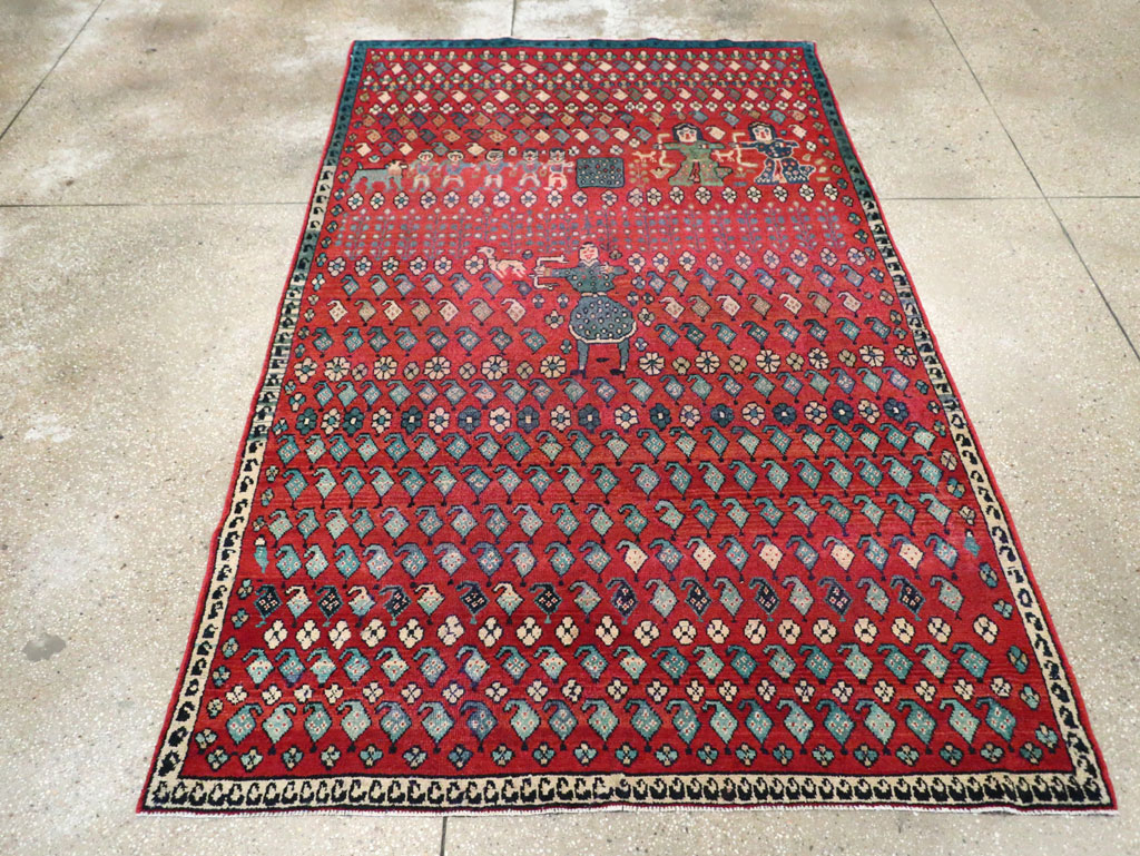 Vintage Persian Hamadan Pictorial Accent Carpet, No.28930 - Gsblank