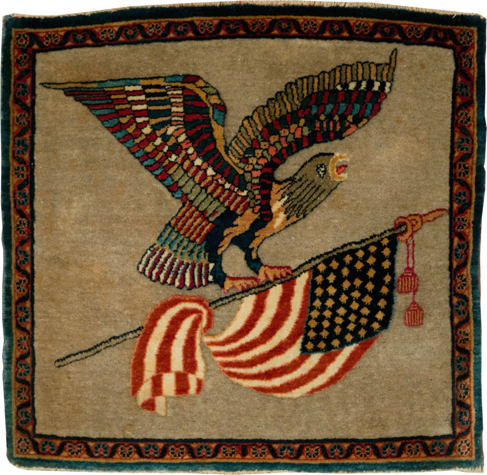 Antique Persian Kashan Flag Pictorial Rug, No.29111 - Gsblank