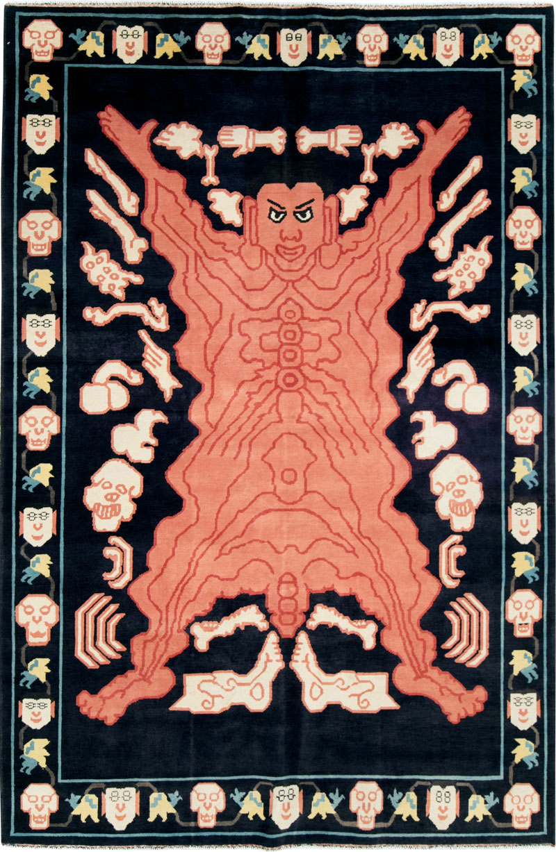 Tibetan Inspired Modern Buddhist Tantric Skeleton Ritual Rug, No.29232 - Gsblank