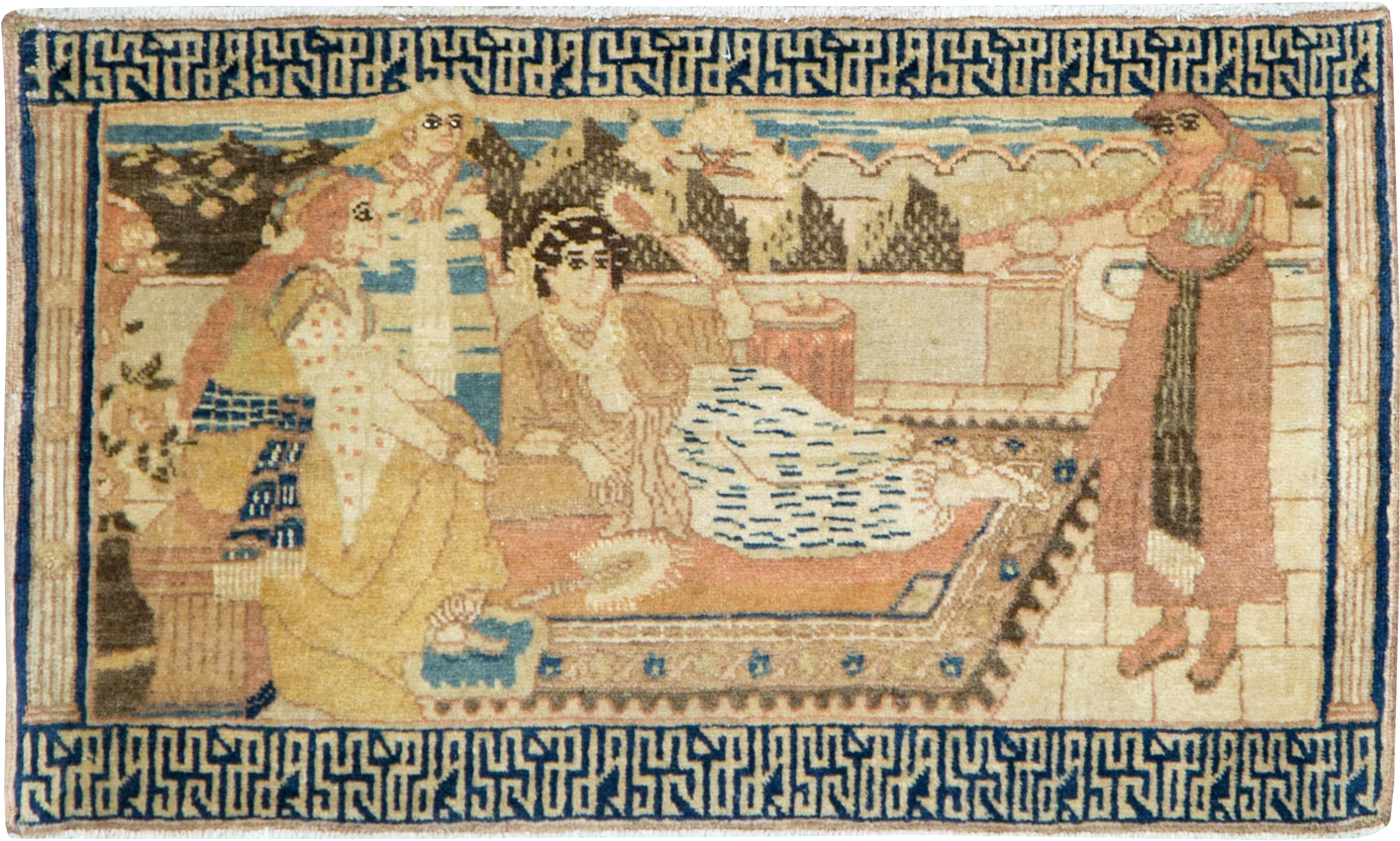 Vintage Persian Tabriz Pictorial Throw Rug, No.29270 - Gsblank