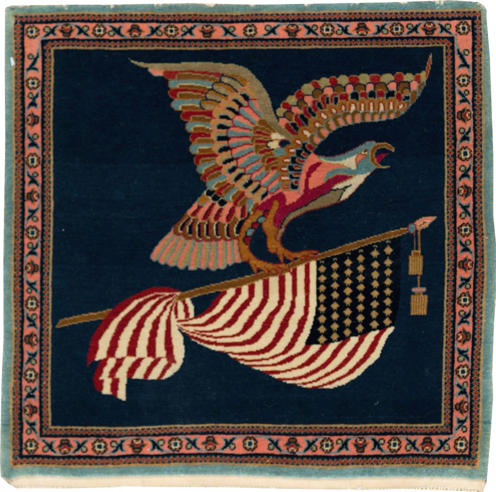 Vintage Persian Kashan Flag Pictorial Rug, No.29384 - Gsblank