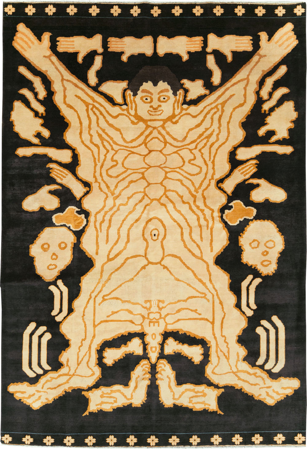 Tibetan Inspired Modern Buddhist Tantric Skeleton Ritual Rug, No.29523 - Gsblank