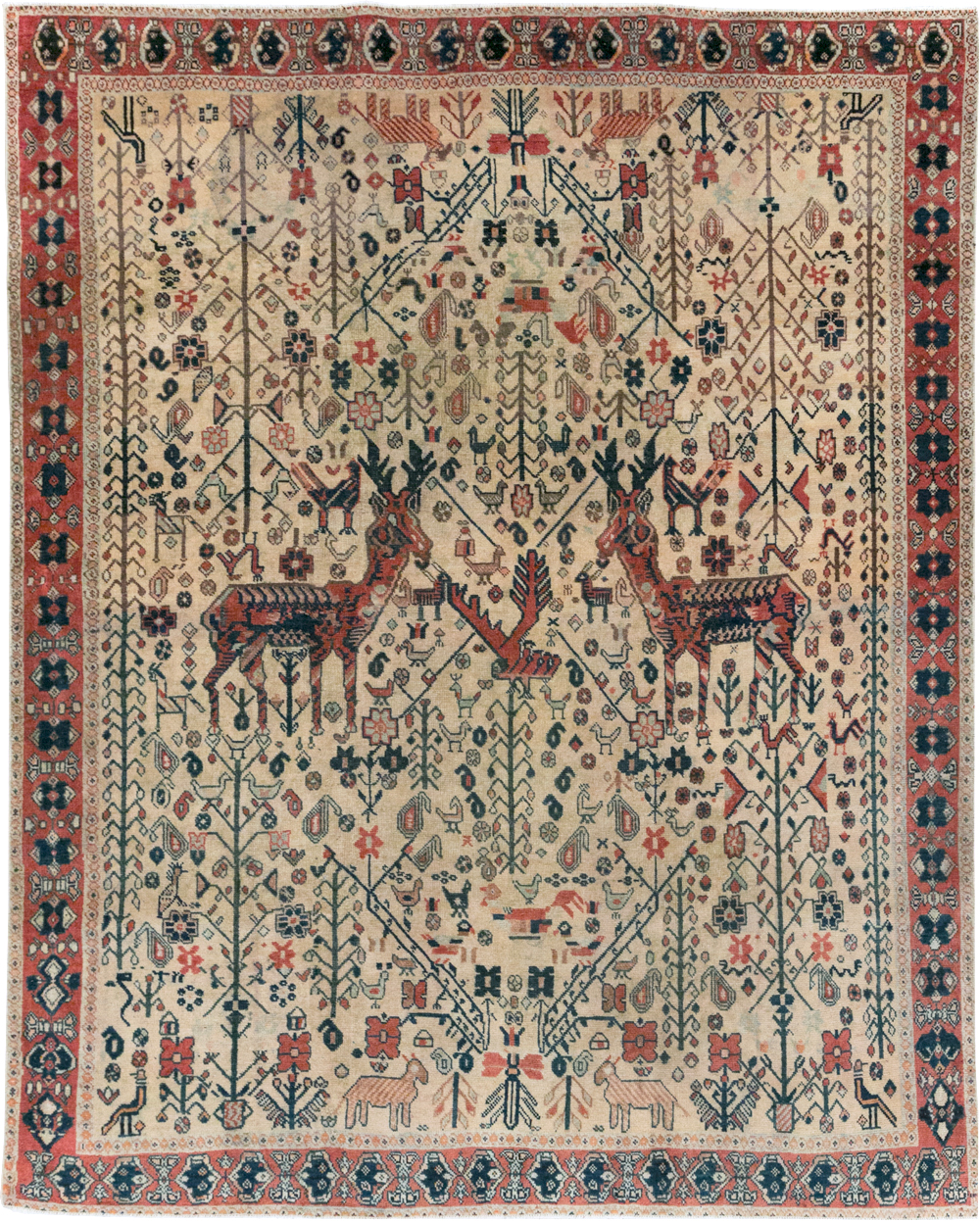 Vintage Persian Qashqai Pictorial Accent Rug, No.29608 - Gsblank