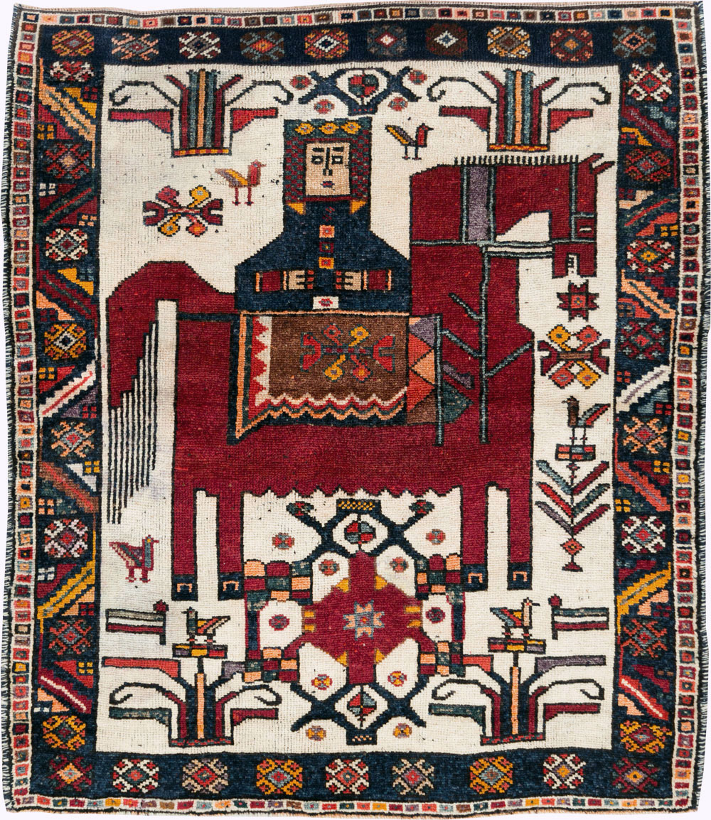 Vintage Persian Pictorial Bakhtiari Square Accent Rug (Pair: 1 of 2), No.30033 - Gsblank