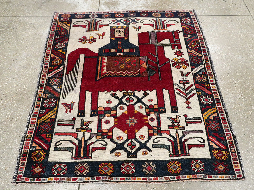 Vintage Persian Pictorial Bakhtiari Square Accent Rug (Pair: 1 of 2), No.30033 - Gsblank