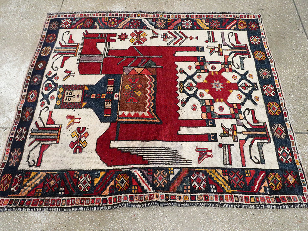 Vintage Persian Pictorial Bakhtiari Square Accent Rug (Pair: 1 of 2), No.30033 - Gsblank