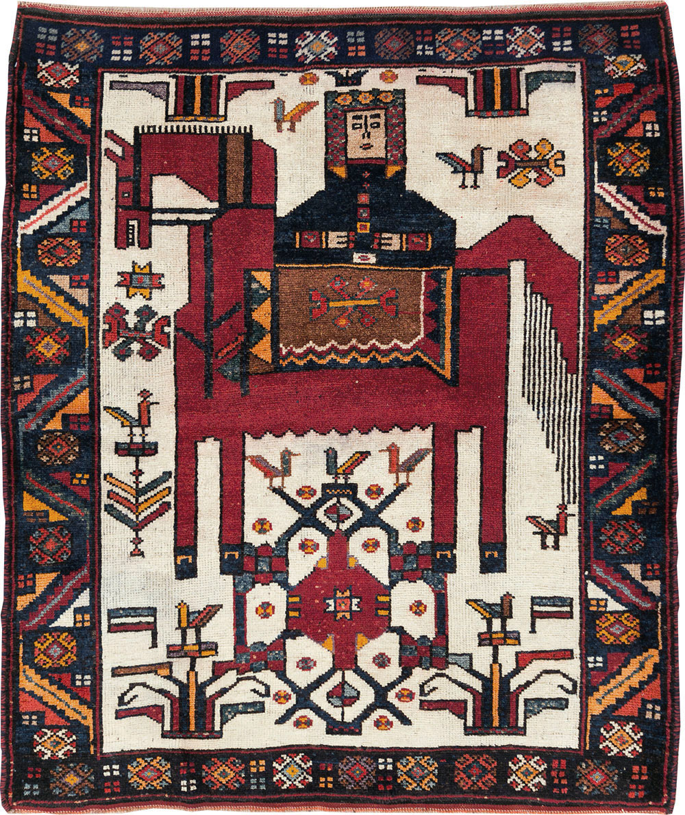 Vintage Persian Pictorial Bakhtiari Square Accent Rug (Pair: 2 of 2), No.30034 - Gsblank