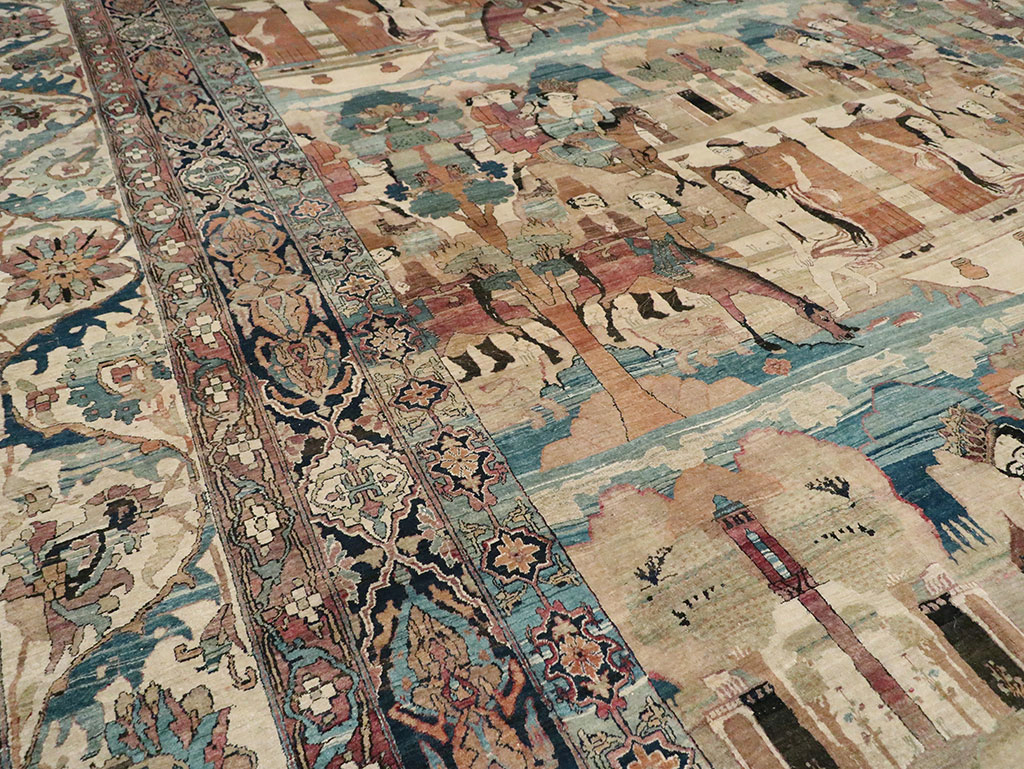 Antique Persian Lavar Kerman Pictorial Oversize Carpet, No.30212 - Gsblank