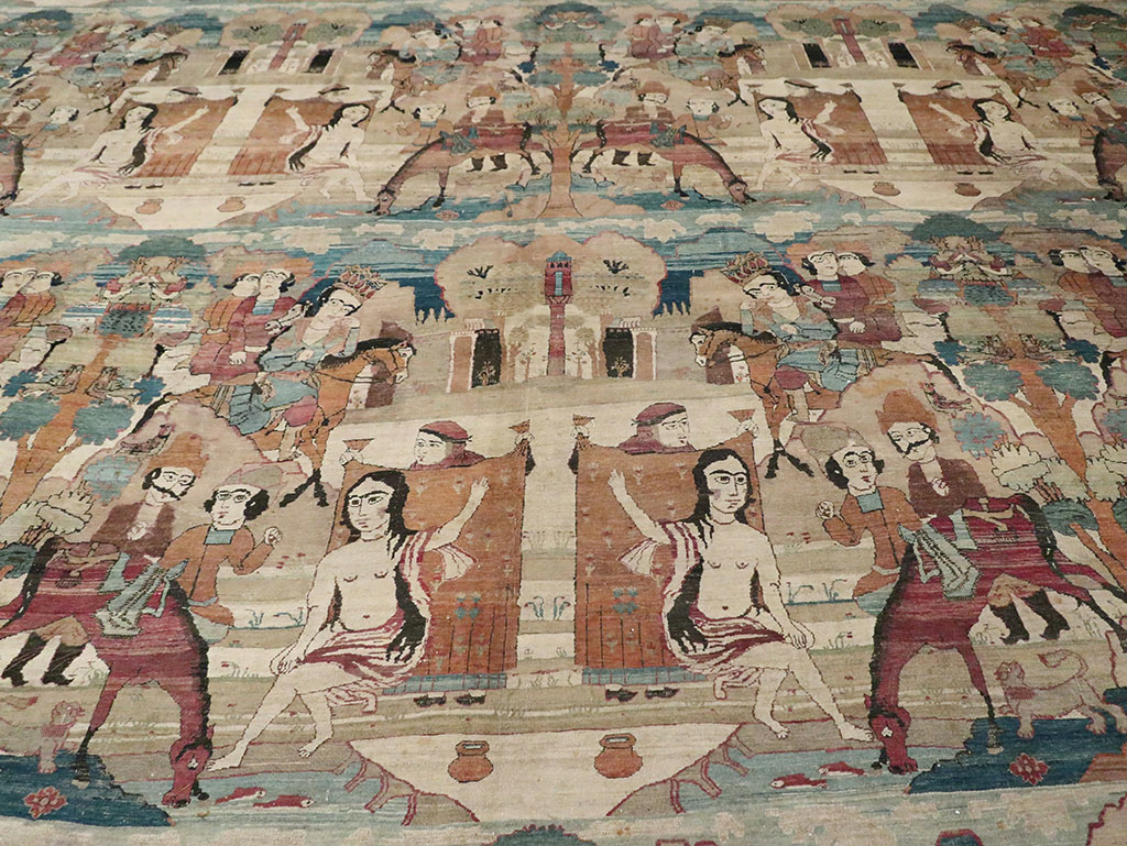 Antique Persian Lavar Kerman Pictorial Oversize Carpet, No.30212 - Gsblank