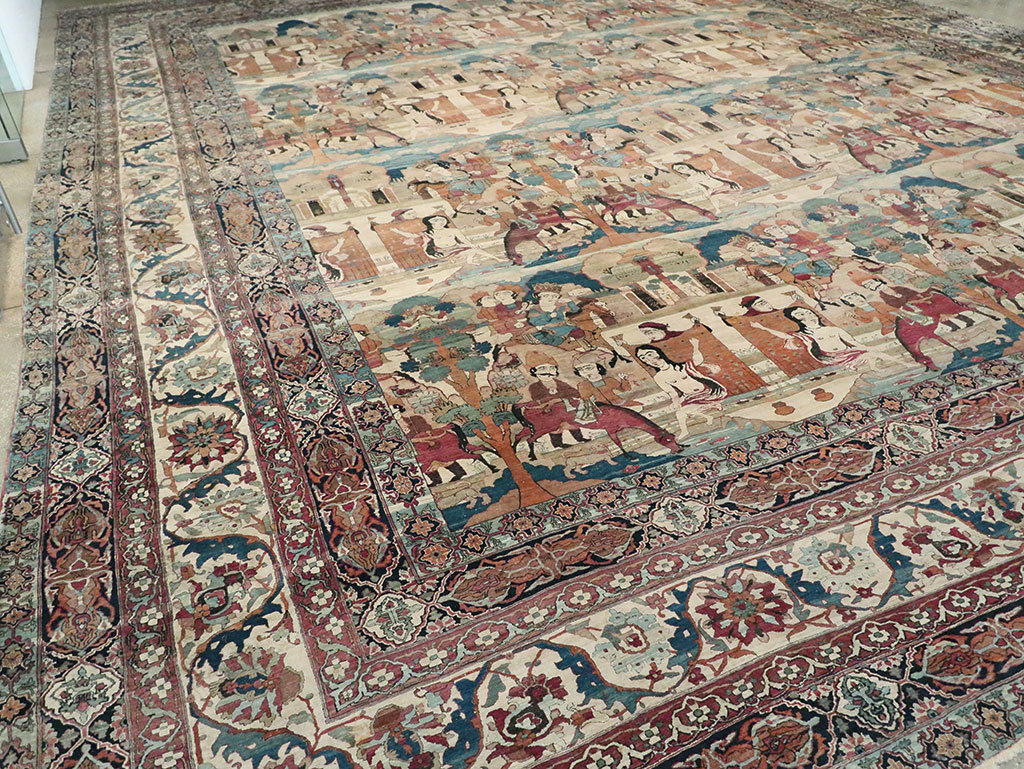 Antique Persian Lavar Kerman Pictorial Oversize Carpet, No.30212 - Gsblank