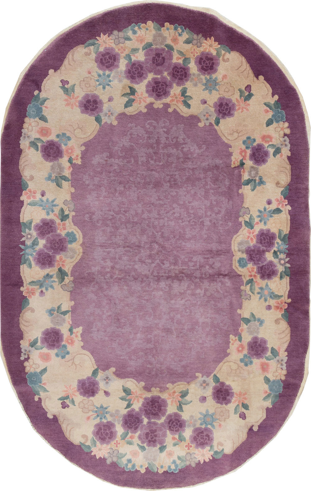 Round Oval Vintage Chinese Art Deco Accent Rug, No.30345 - Gsblank