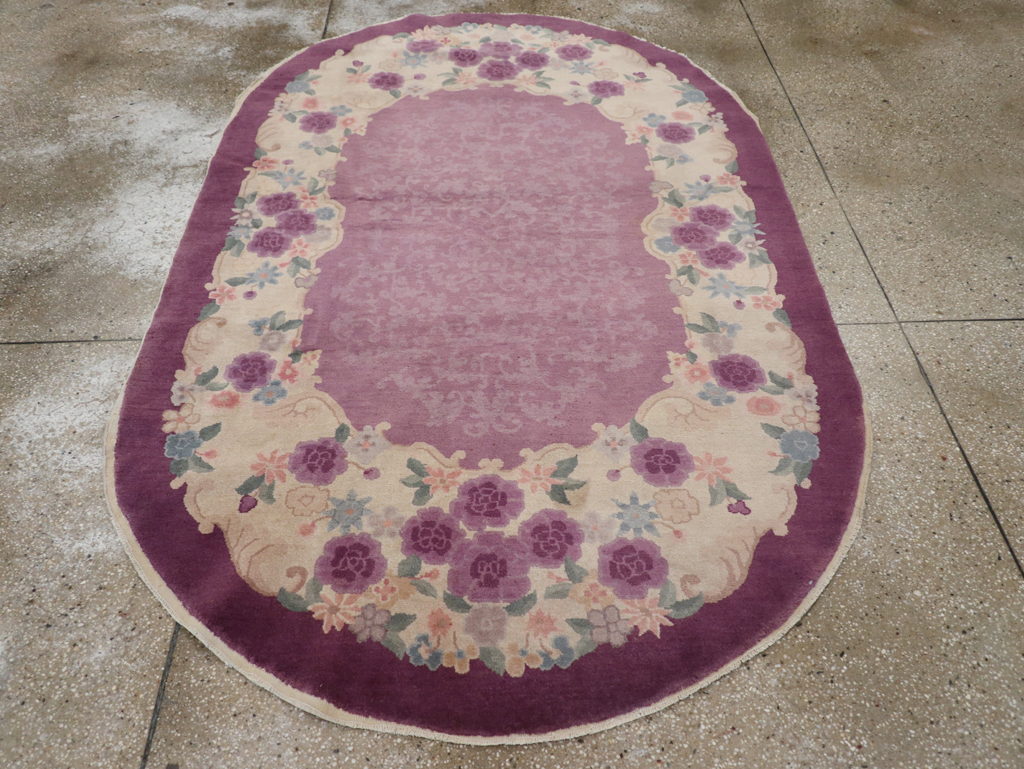 Round Oval Vintage Chinese Art Deco Accent Rug, No.30345 - Gsblank