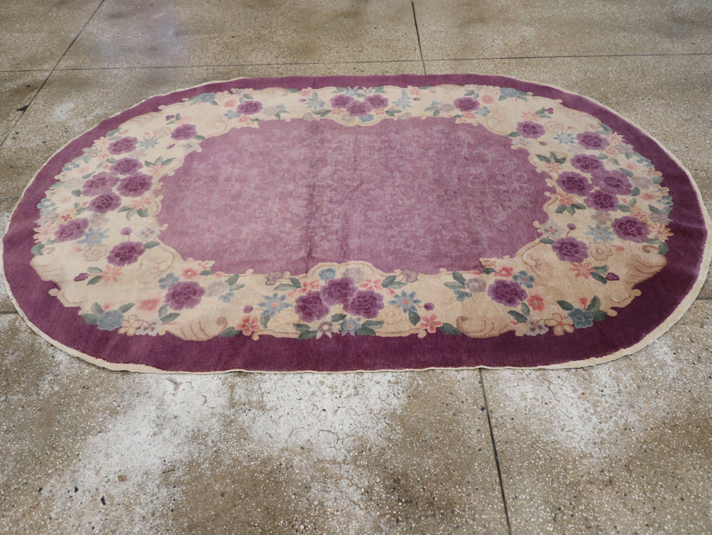 Round Oval Vintage Chinese Art Deco Accent Rug, No.30345 - Gsblank