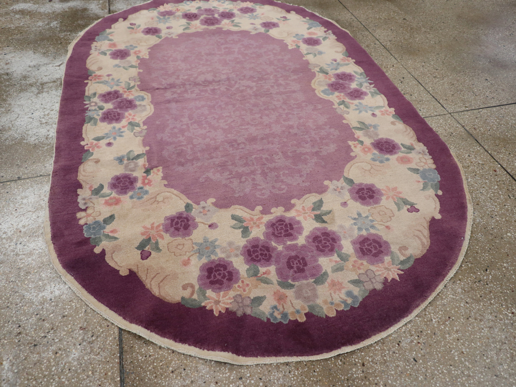Round Oval Vintage Chinese Art Deco Accent Rug, No.30345 - Gsblank