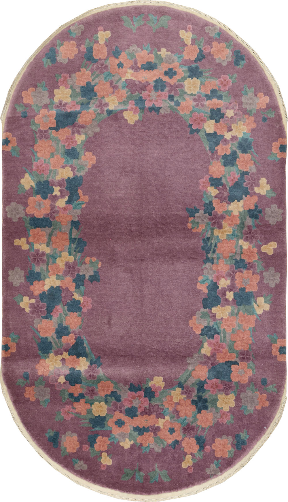 Round Oval Vintage Chinese Art Deco Accent Rug, No.30351 - Gsblank