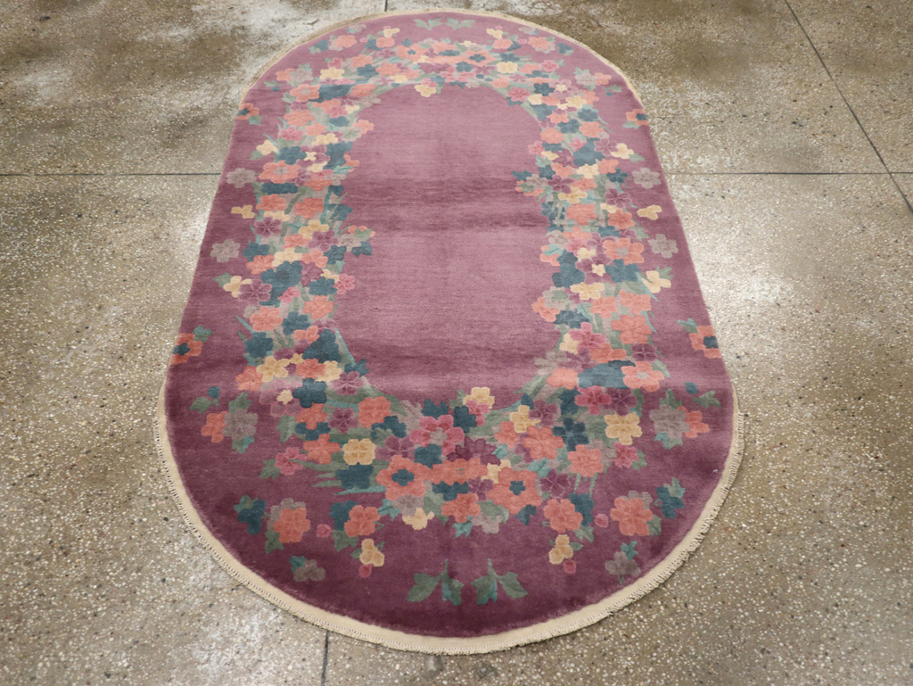 Round Oval Vintage Chinese Art Deco Accent Rug, No.30351 - Gsblank