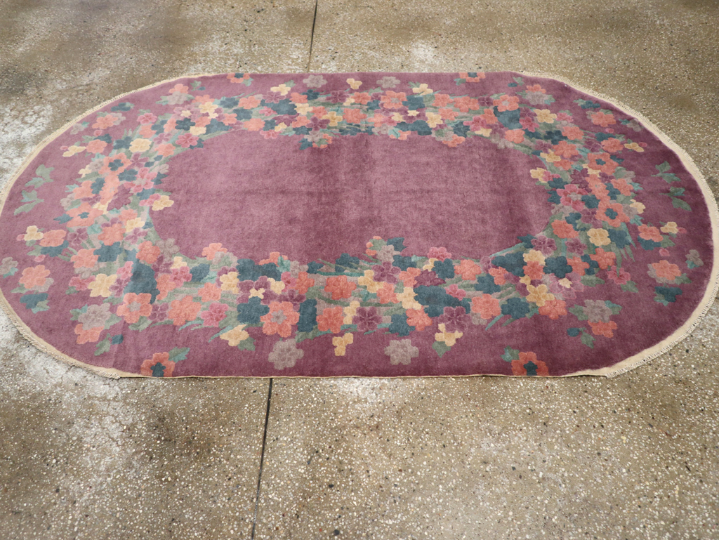 Round Oval Vintage Chinese Art Deco Accent Rug, No.30351 - Gsblank