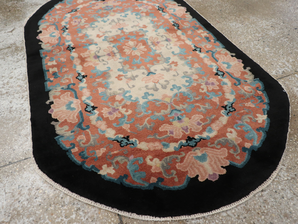 Round Oval Vintage Chinese Art Deco Accent Rug, No.30364 - Gsblank