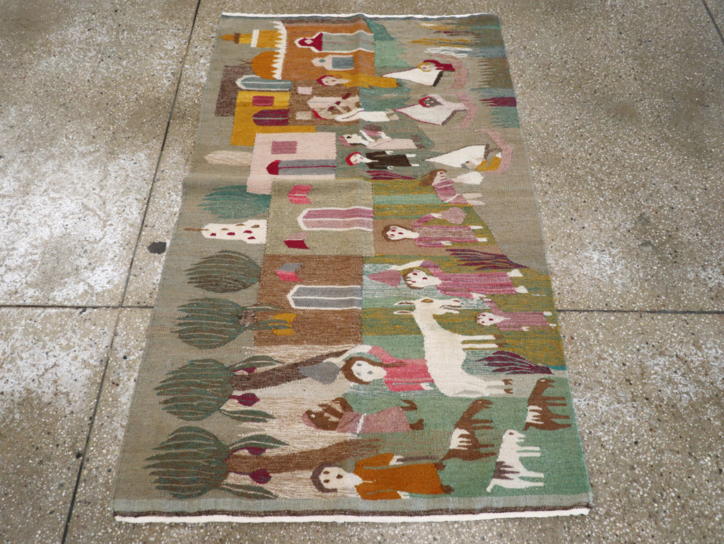 Vintage Polish Pictorial Flatweave Kilim Throw Rug, No.30632 - Gsblank