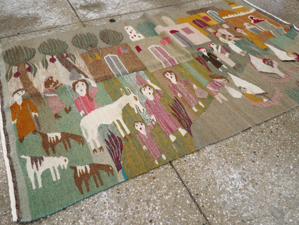 Vintage Polish Pictorial Flatweave Kilim Throw Rug, No.30632 - Gsblank