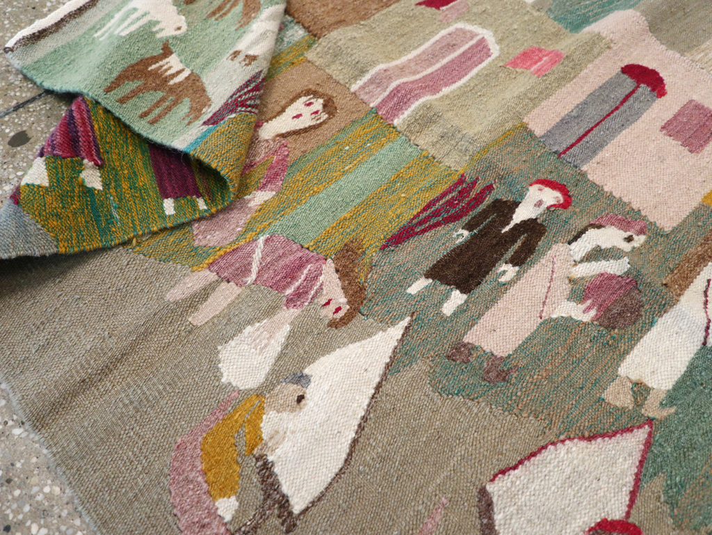 Vintage Polish Pictorial Flatweave Kilim Throw Rug, No.30632 - Gsblank