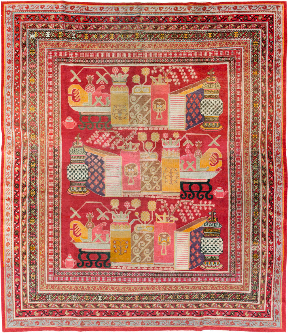 Antique East Turkestan Vase Khotan Small Room Size Carpet, No.30818 - Gsblank