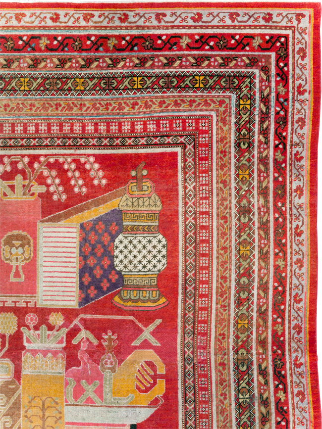 Antique East Turkestan Pictorial Vase Khotan Small Room Size Carpet, No.30818 - Gsblank