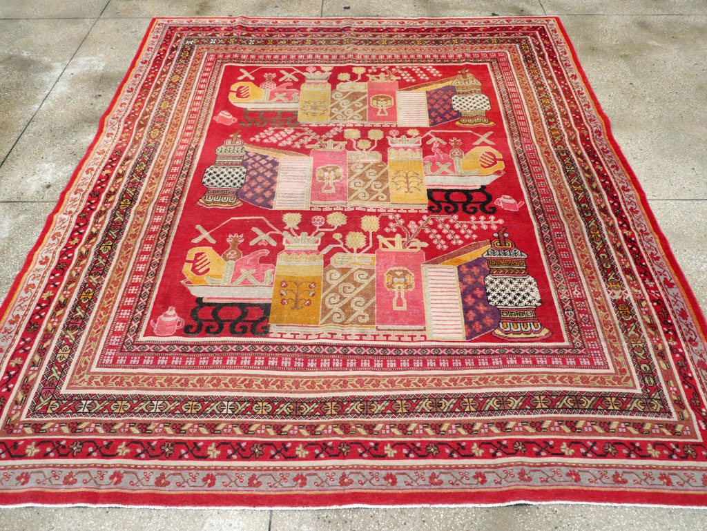 Antique East Turkestan Pictorial Vase Khotan Small Room Size Carpet, No.30818 - Gsblank