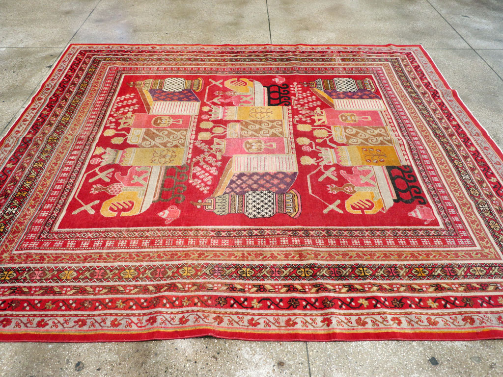 Antique East Turkestan Pictorial Vase Khotan Small Room Size Carpet, No.30818 - Gsblank