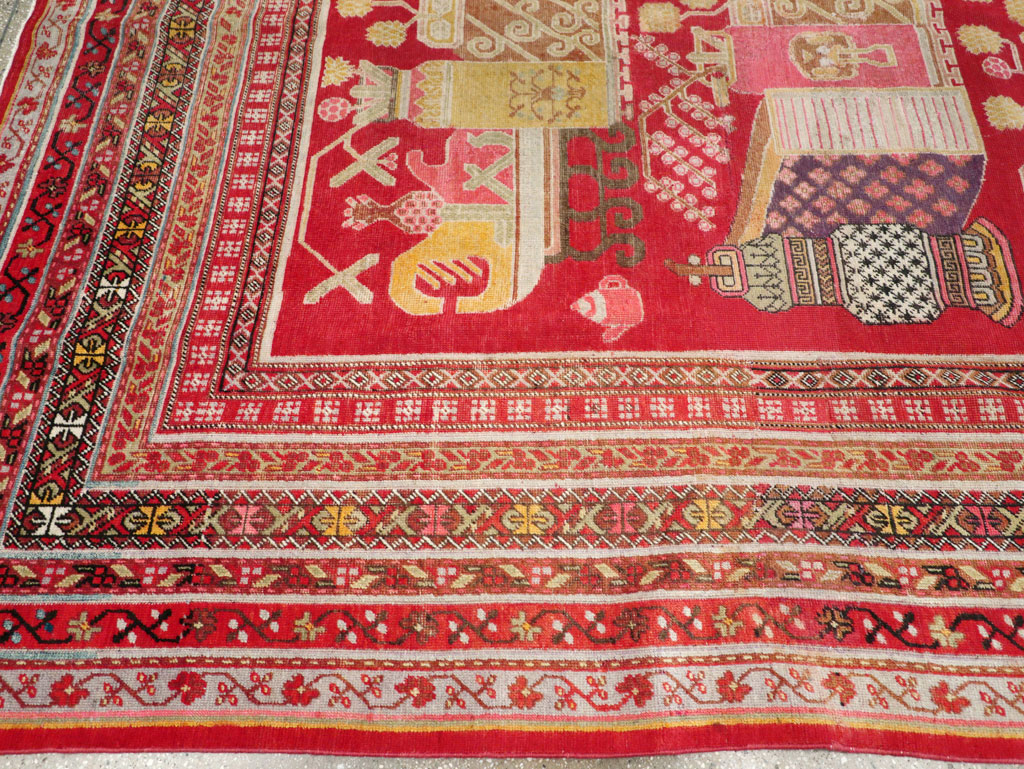 Antique East Turkestan Pictorial Vase Khotan Small Room Size Carpet, No.30818 - Gsblank
