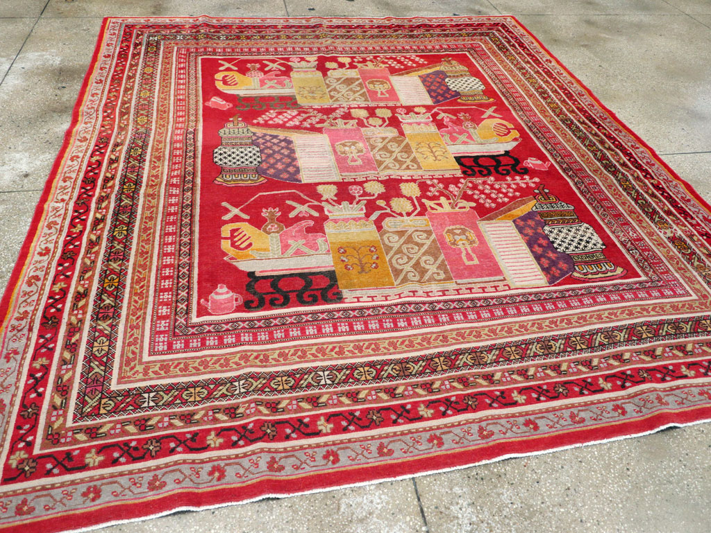 Antique East Turkestan Pictorial Vase Khotan Small Room Size Carpet, No.30818 - Gsblank