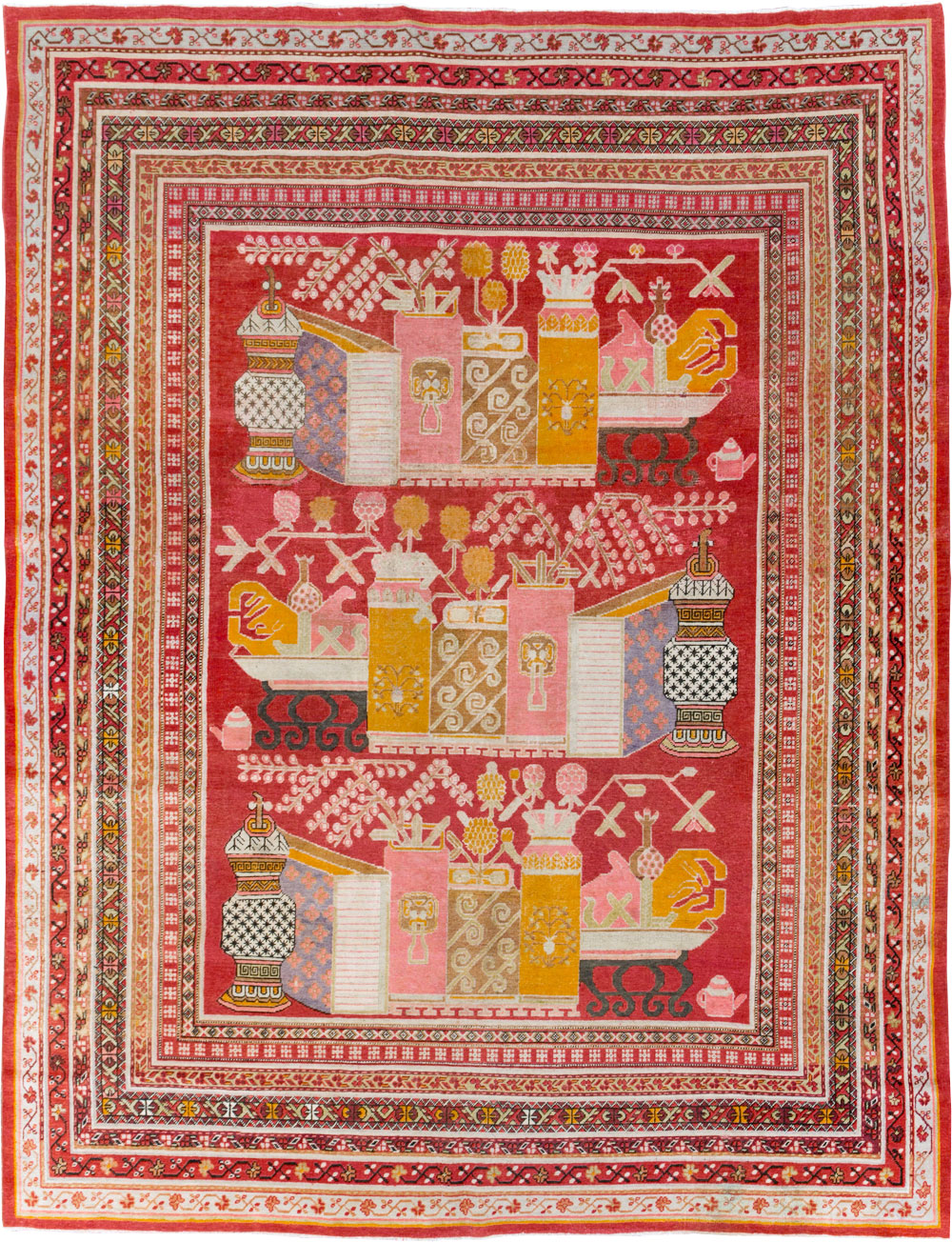 Antique East Turkestan Pictorial Vase Khotan Room Size Carpet, No.30852 - Gsblank